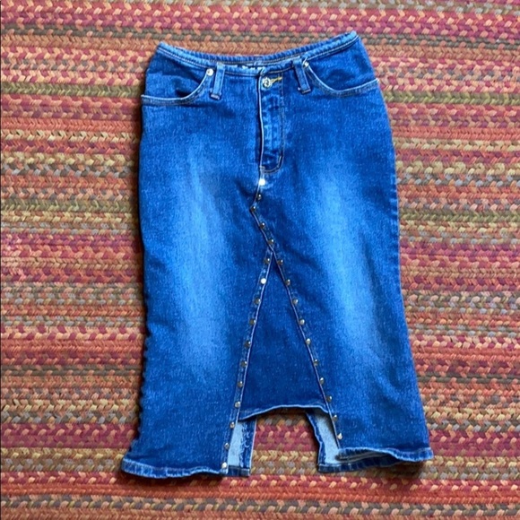 Vintage Dresses & Skirts - VINTAGE HI JEANS WESTERN COWGIRL STUDDED DENIM MIDI SKIRT